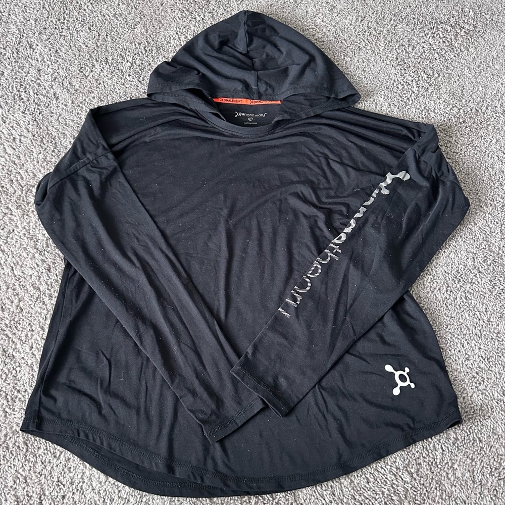 Women’s Orange Theory Fitness Black Hooded Long Sleeve Top Size Large